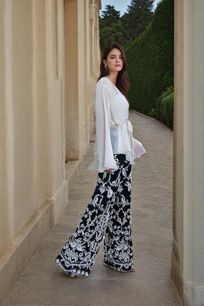 Embroidered pants and chiffon top