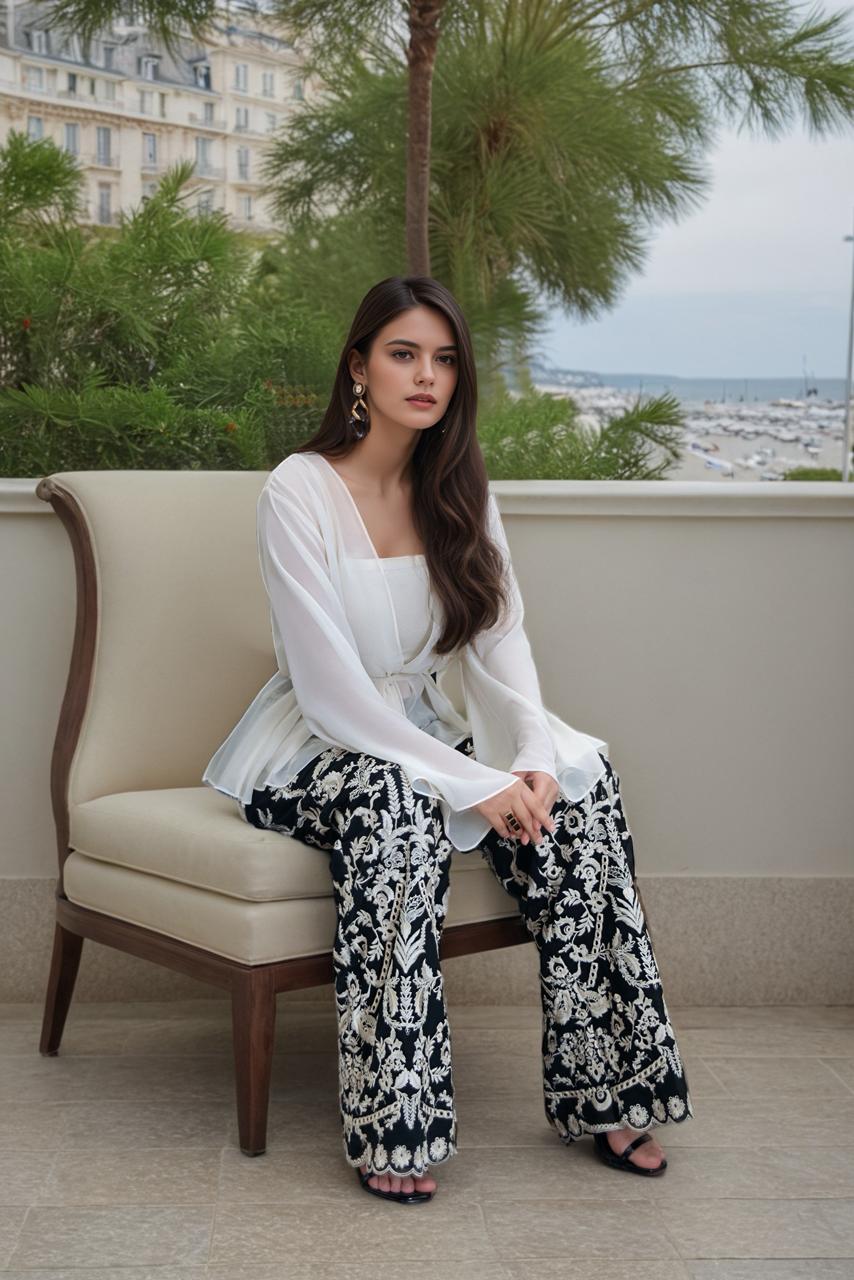 Embroidered pants and chiffon top