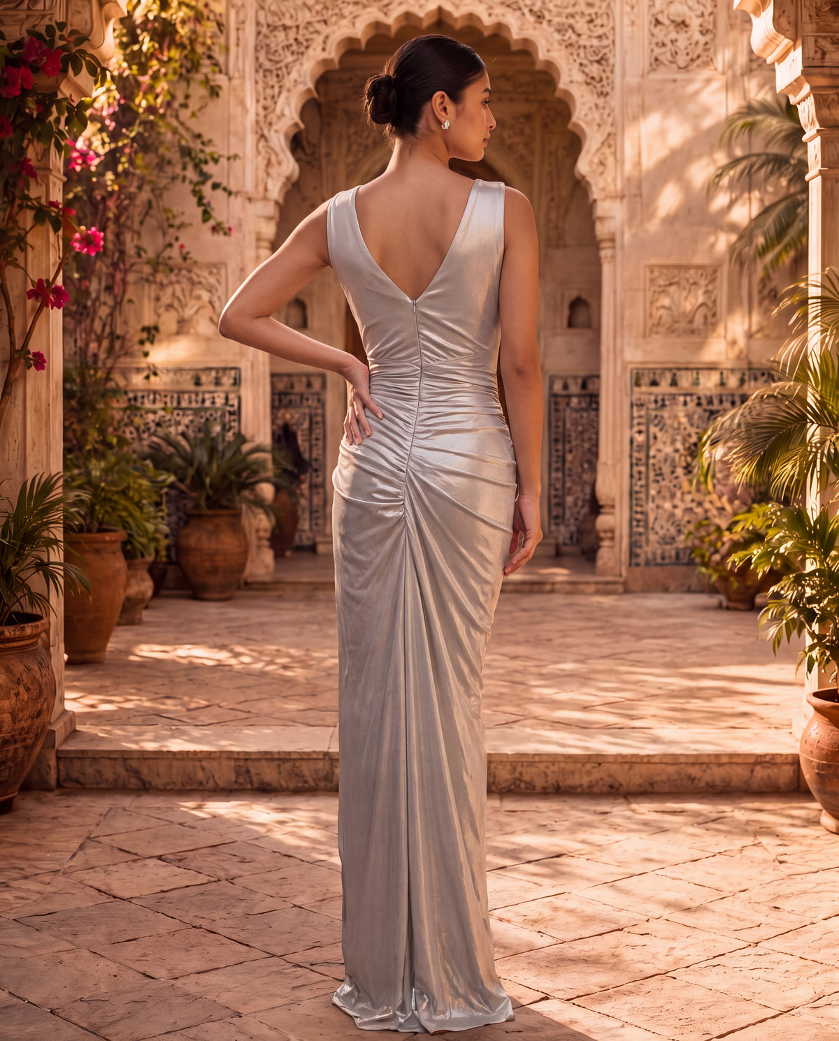 Silver Lycra Gown with Diamanté Detailing-(PM-1701)
