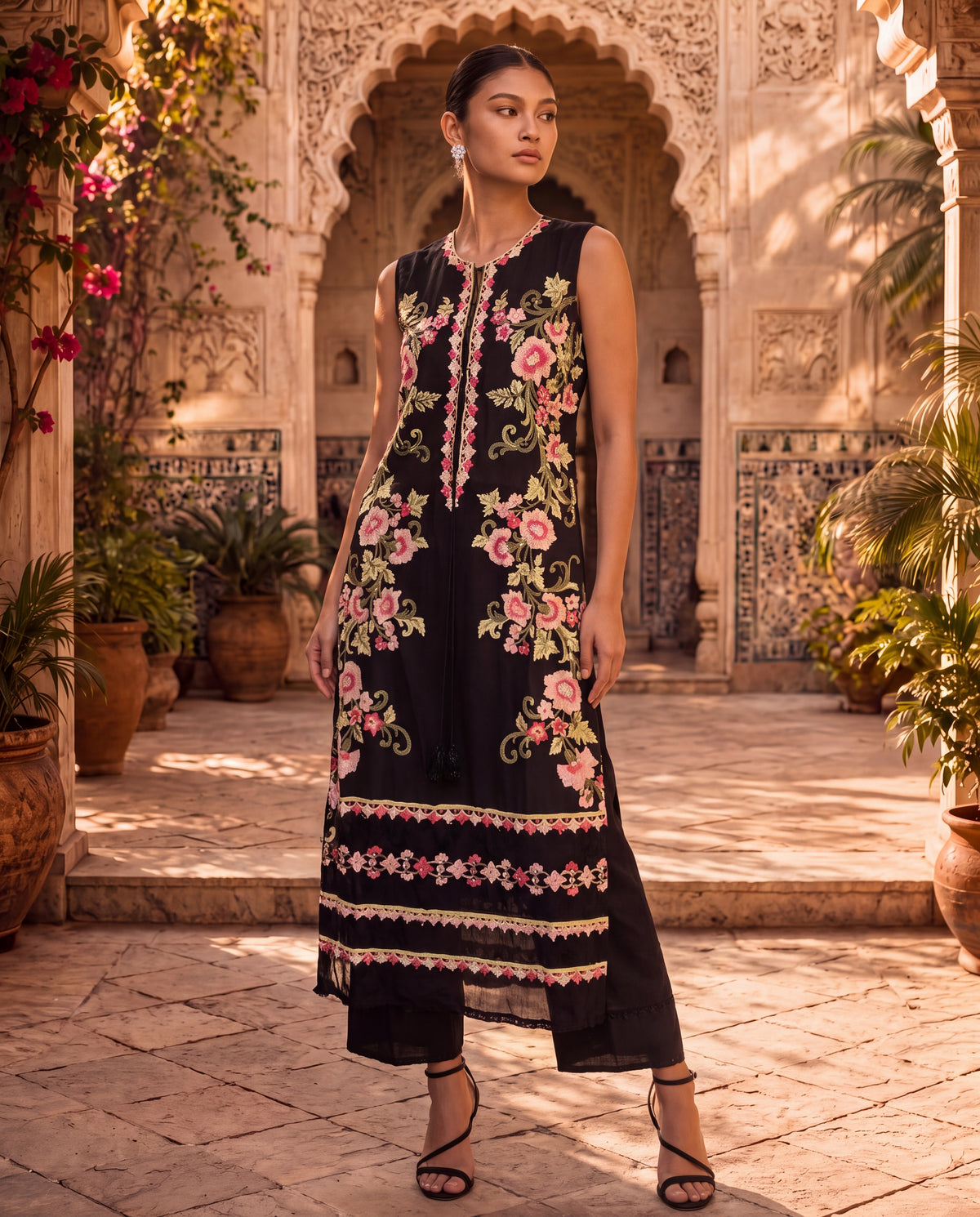 Black Chanderi Kurta Set with Sequin Embroidery-(MBF-50400)