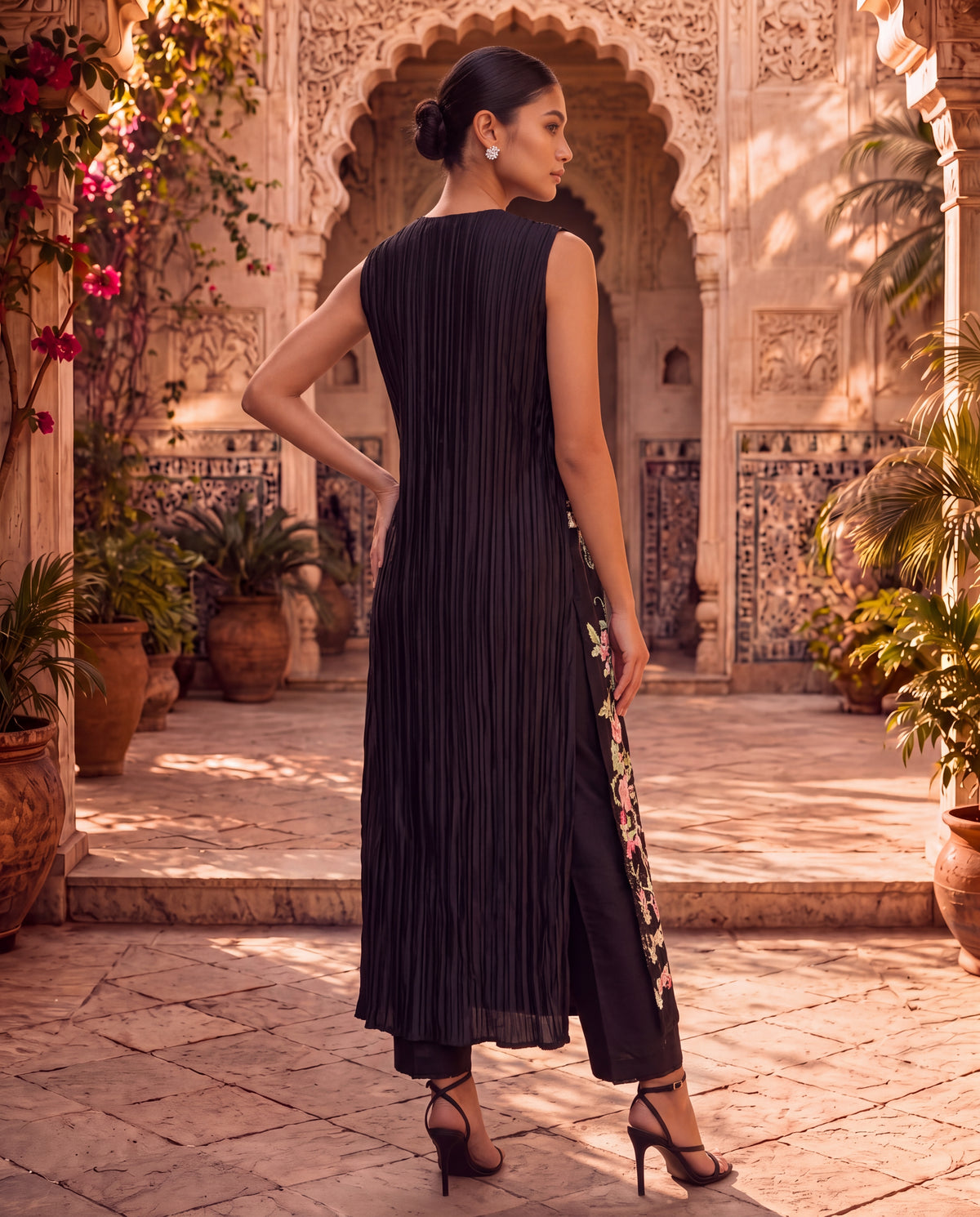 Black Chanderi Kurta Set with Sequin Embroidery-(MBF-50400)