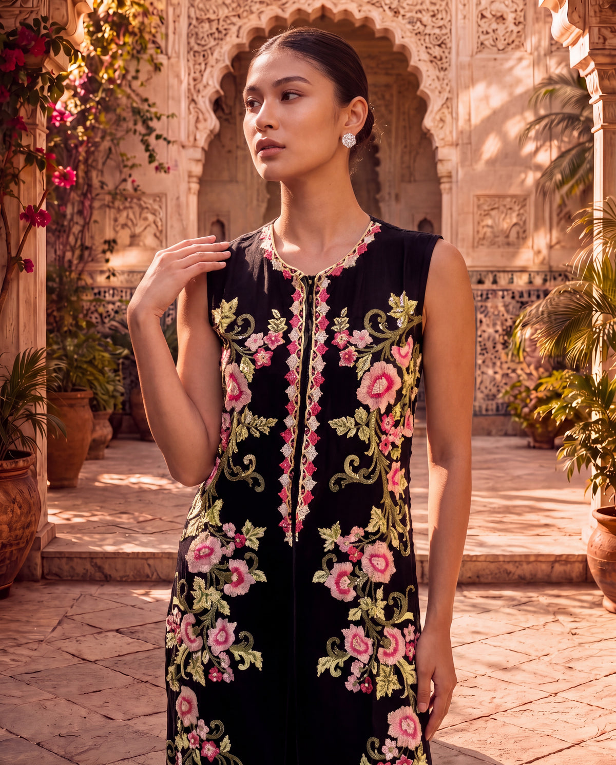Black Chanderi Kurta Set with Sequin Embroidery-(MBF-50400)