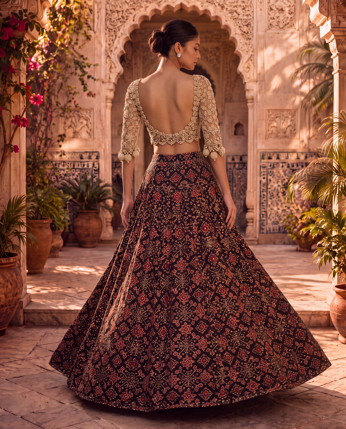 Hand-Embroidered Net Blouse with Beaded Tassels & Patola Ghagra-(SR-9)