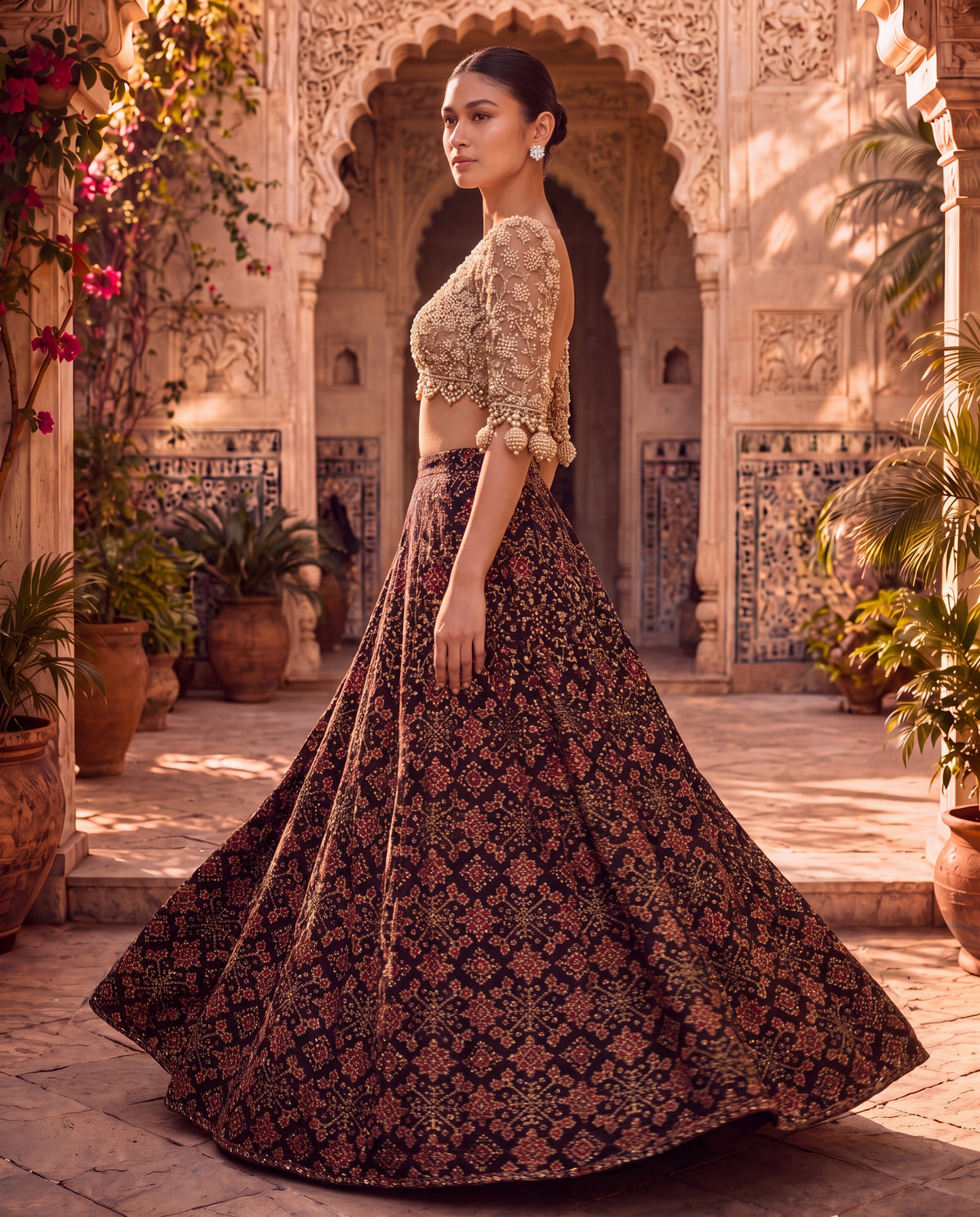 Hand-Embroidered Net Blouse with Beaded Tassels & Patola Ghagra-(SR-9)