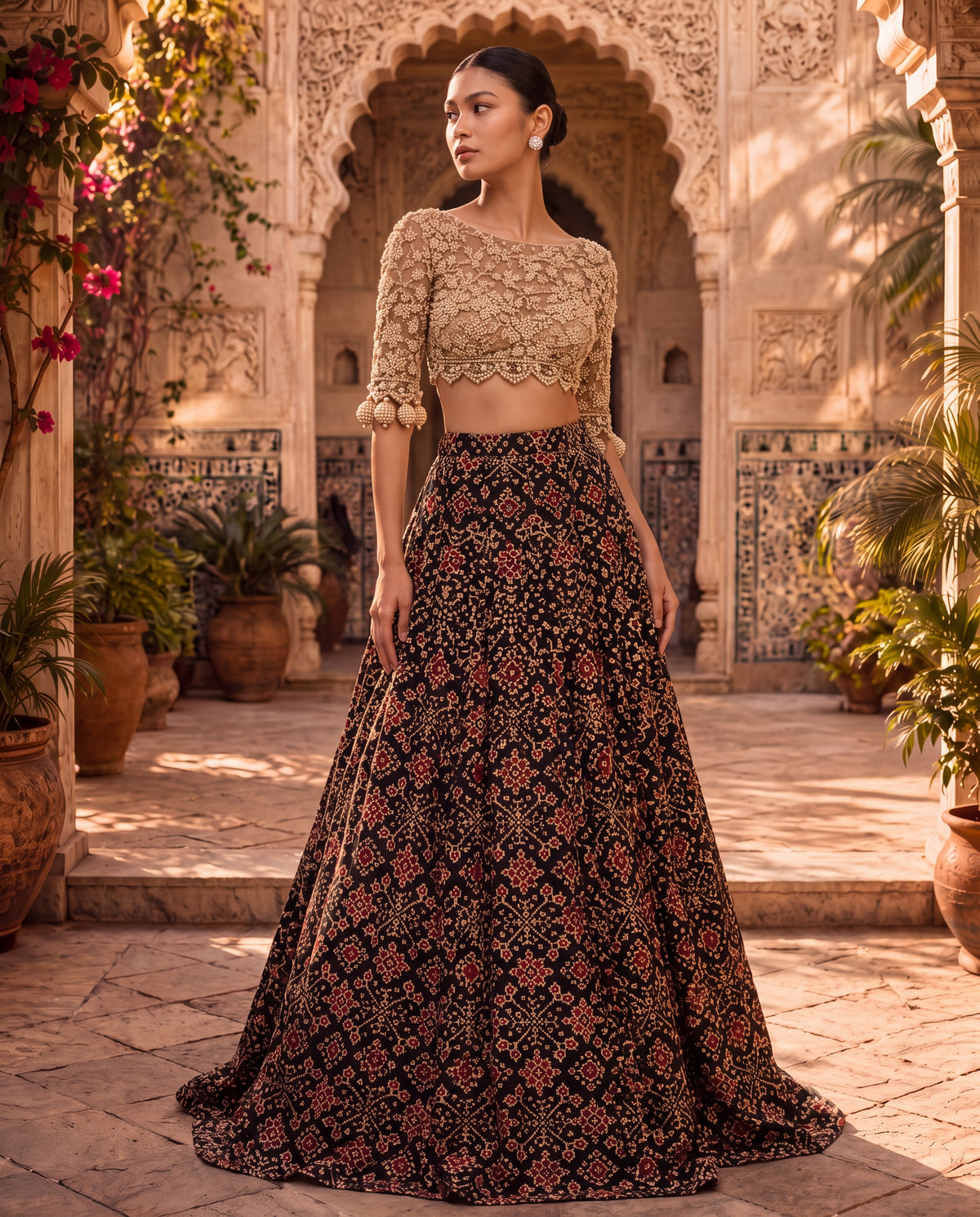 Hand-Embroidered Net Blouse with Beaded Tassels & Patola Ghagra-(SR-9)