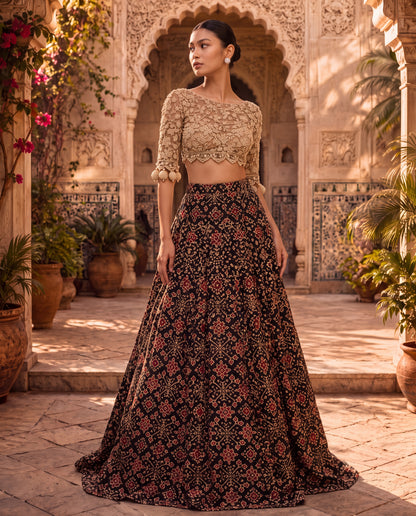Hand-Embroidered Net Blouse with Beaded Tassels & Patola Ghagra-(SR-9)