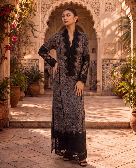 Ajrakh Printed Kurta with Lace Finishing & Organza Pleated Sleeves-(KTT-9)