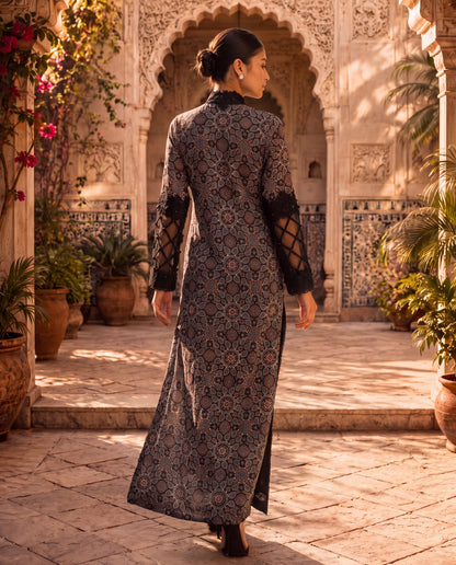 Ajrakh Printed Kurta with Lace Finishing & Organza Pleated Sleeves-(KTT-9)
