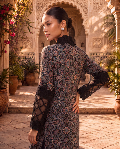 Ajrakh Printed Kurta with Lace Finishing & Organza Pleated Sleeves-(KTT-9)