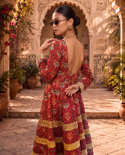 Red Chanderi Kalidar Kurta Set-(BTMM-9)