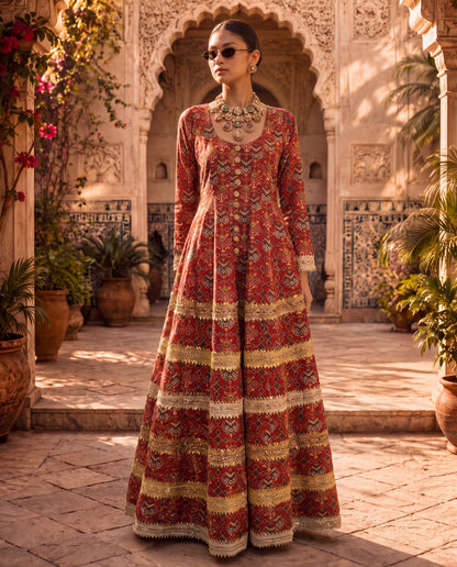 Red Chanderi Kalidar Kurta Set-(BTMM-9)
