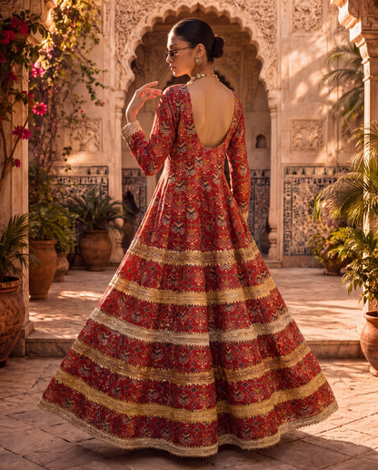 Red Chanderi Kalidar Kurta Set-(BTMM-9)