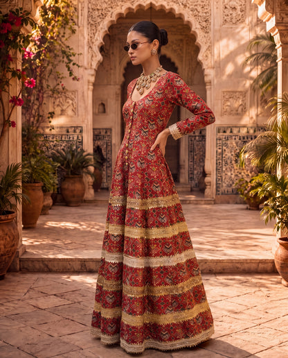Red Chanderi Kalidar Kurta Set-(BTMM-9)