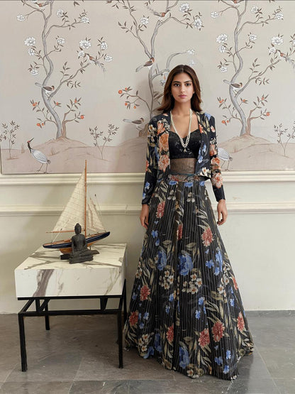 A black ghagra and jacket set