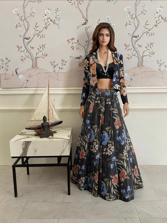 A black ghagra and jacket set