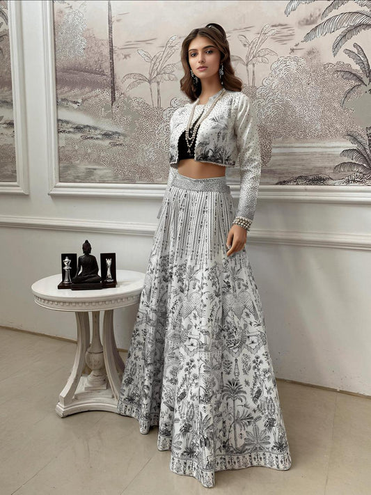An off white and black ghagra set