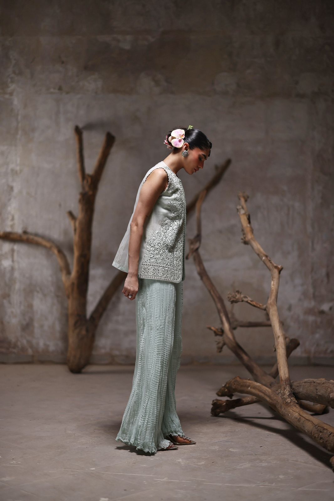 An organza embroidered jacket with crushed pants- (9541)