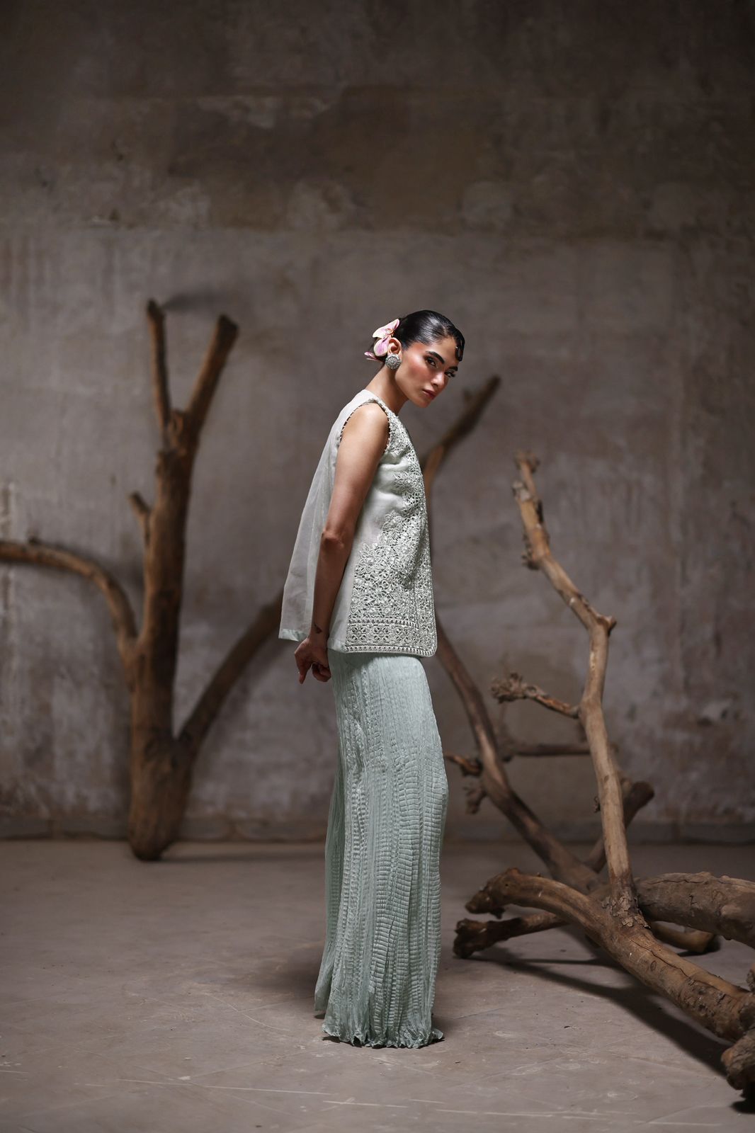 An organza embroidered jacket with crushed pants- (9541)