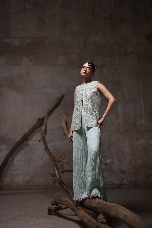 An organza embroidered jacket with crushed pants- (9541)
