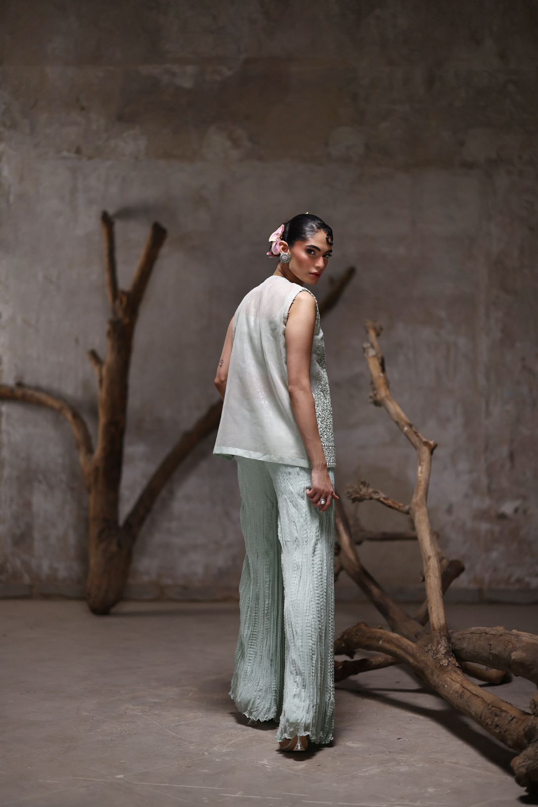 An organza embroidered jacket with crushed pants- (9541)