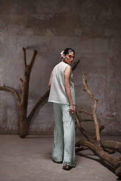 An organza embroidered jacket with crushed pants- (9541)