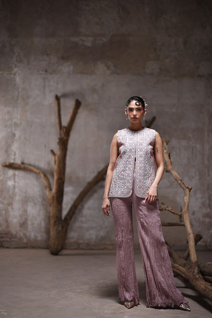 An organza embroidered jacket with crushed pants- (9541.1)