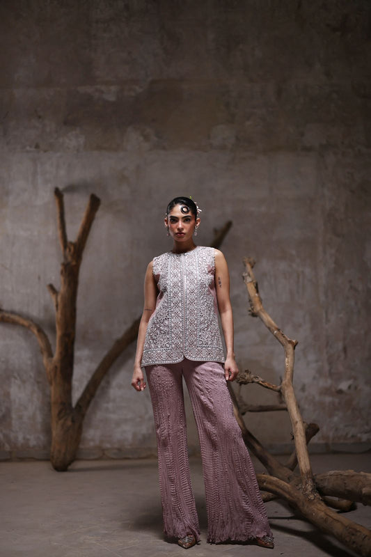 An organza embroidered jacket with crushed pants- (9541.1)