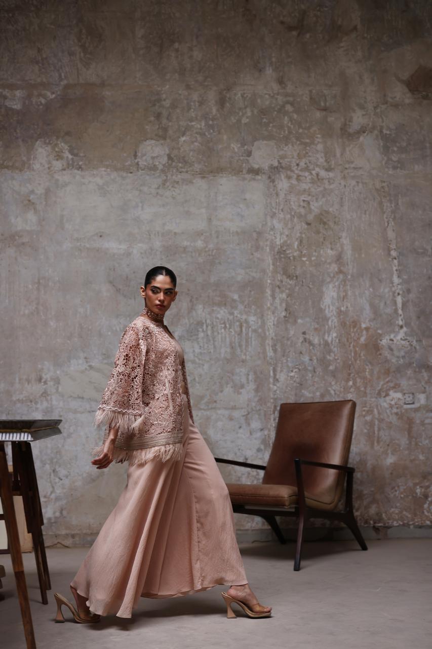 An organza embroidered jacket with gharara pants- (9607)