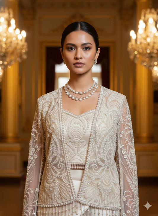Embroidered blouse, jacket and sari set
