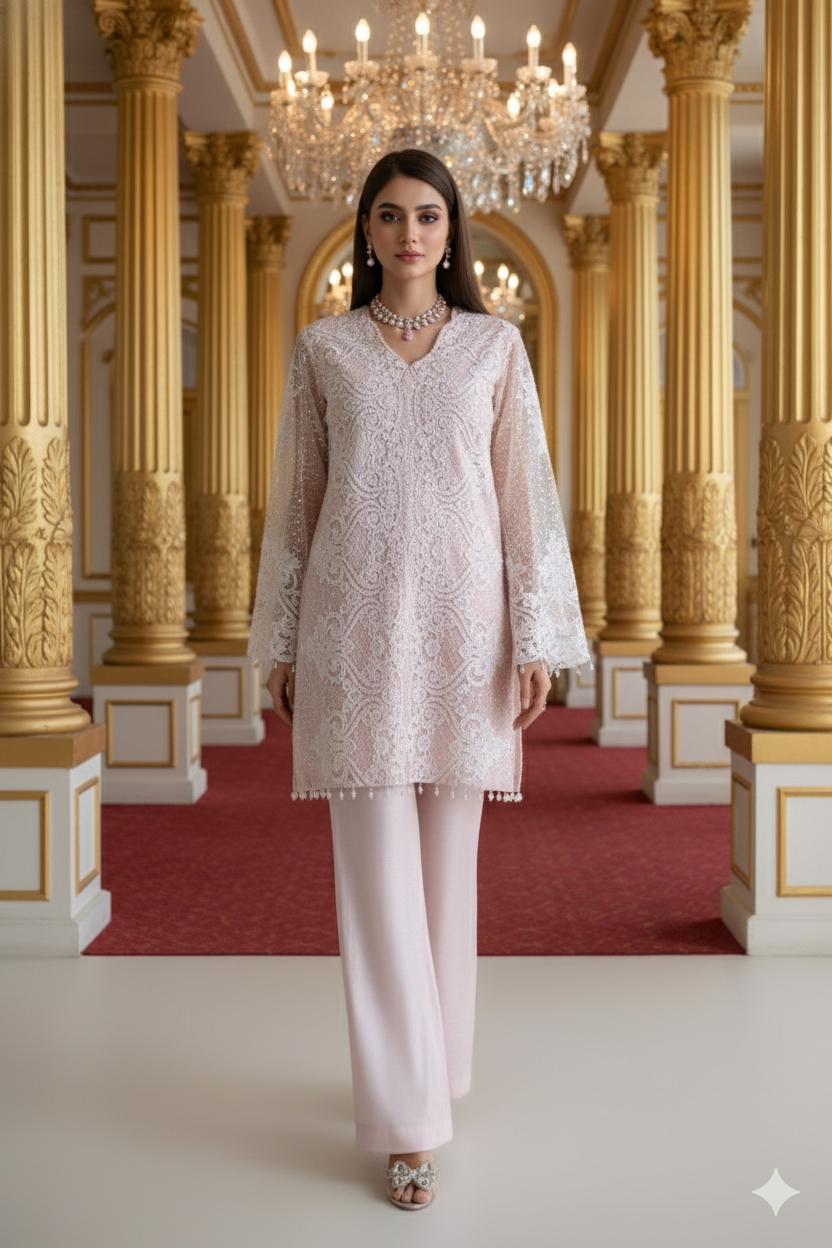 A pink embroidered set