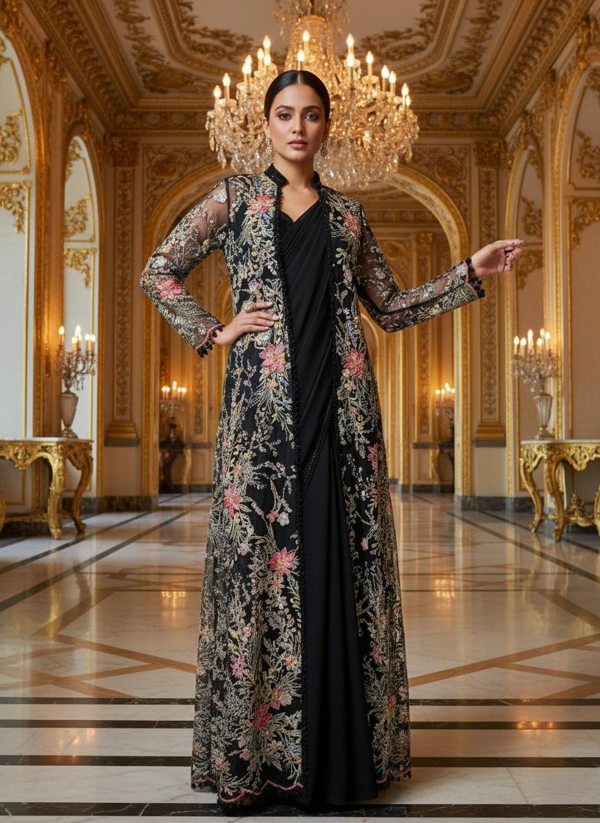 An embroidered jacket with a gown