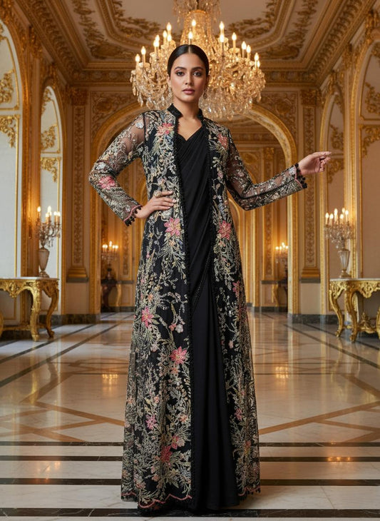 An embroidered jacket with a gown