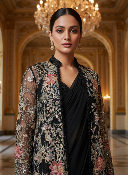 An embroidered jacket with a gown