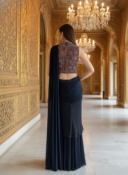An Ajrakh blouse and draped sari