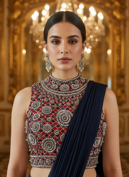 An Ajrakh blouse and draped sari