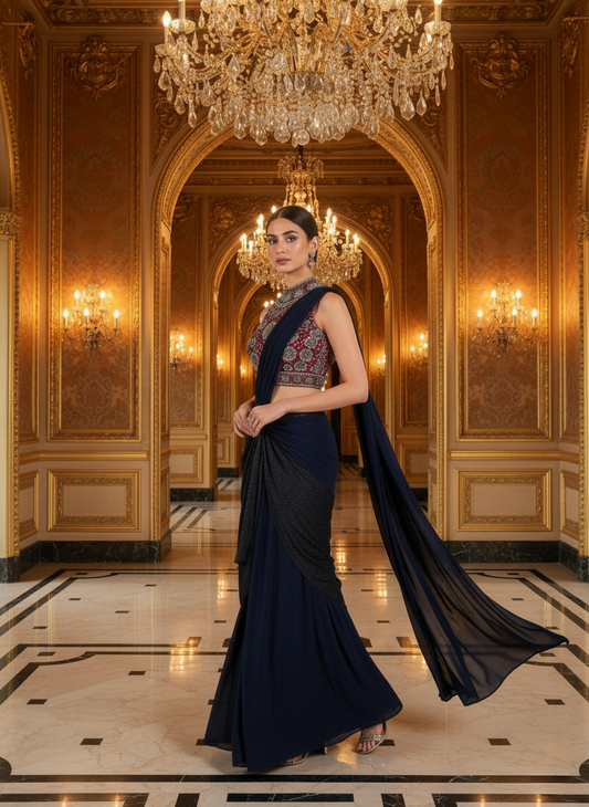 An Ajrakh blouse and draped sari