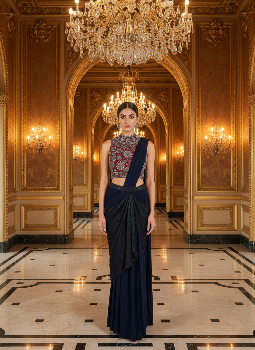 An Ajrakh blouse and draped sari