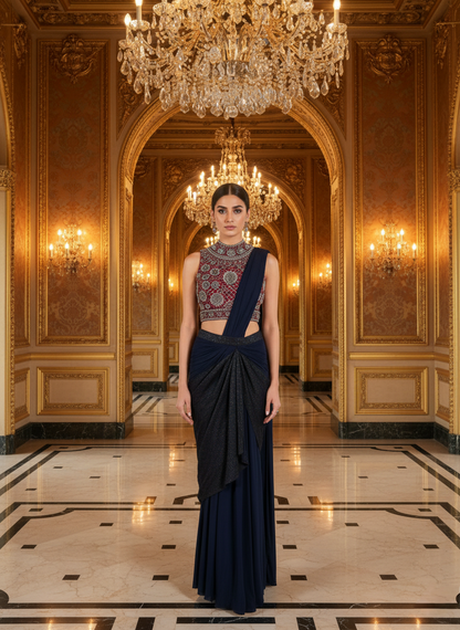 An Ajrakh blouse and draped sari