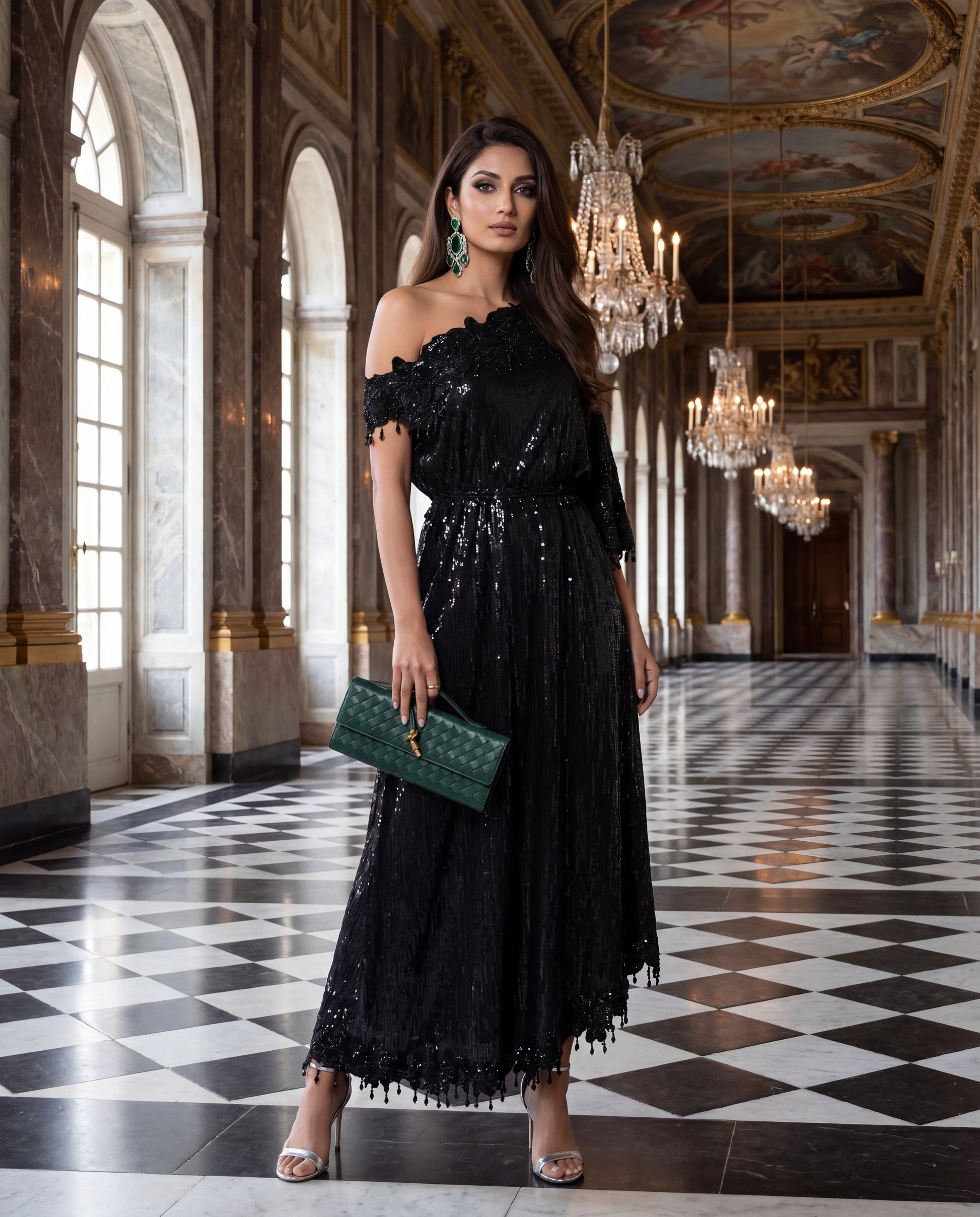 Black Sequin One-Shoulder Gown
