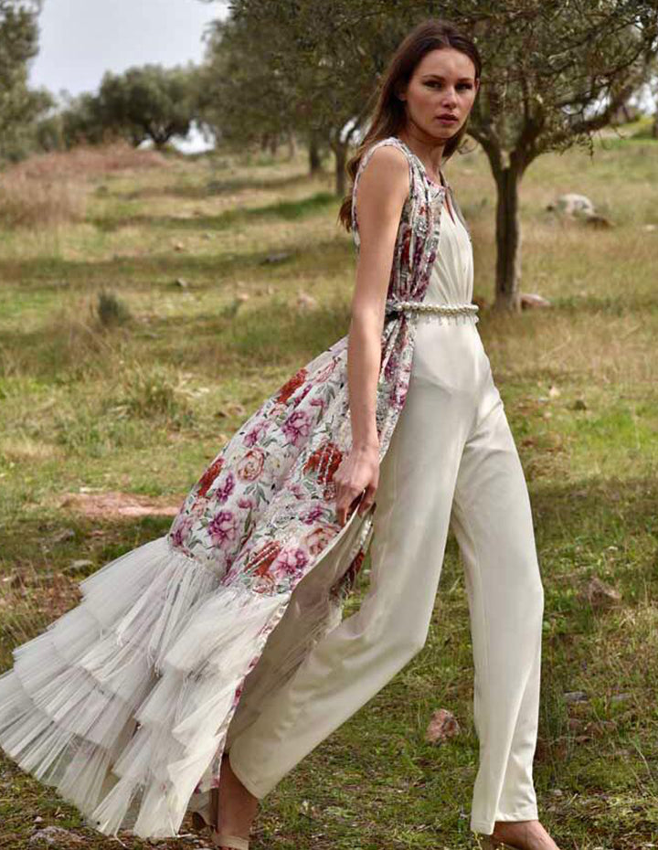 Off White Jumpsuit with Floral Jacket & Pearl Belt (OA-61)