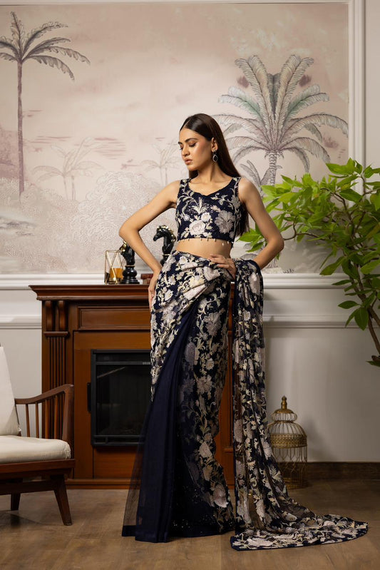 A beautiful blue embroidered Sequins Sari (9035.1)