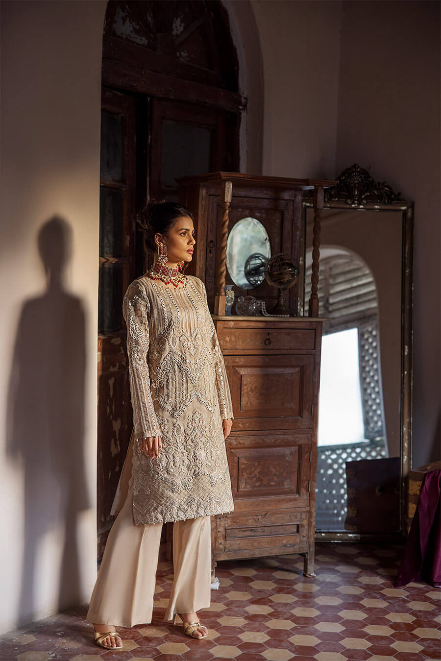 Beige Mirror Embroidered Tunic (OA-7827)