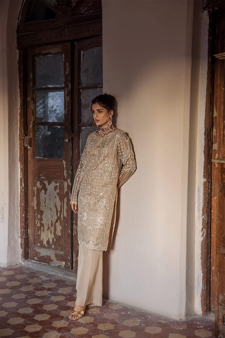 Beige Mirror Embroidered Tunic (OA-7827)