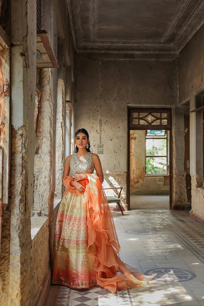 Gold Embroidered Blouse with Jamawar Lehenga (OA-7513)