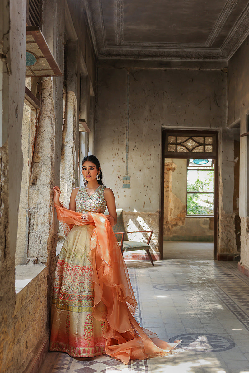 Gold Embroidered Blouse with Jamawar Lehenga (OA-7513)