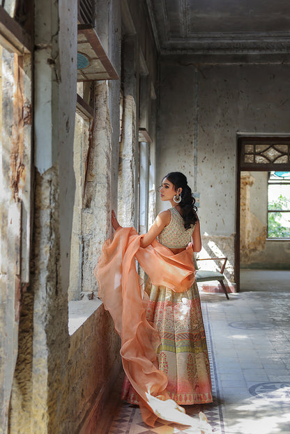 Gold Embroidered Blouse with Jamawar Lehenga (OA-7513)