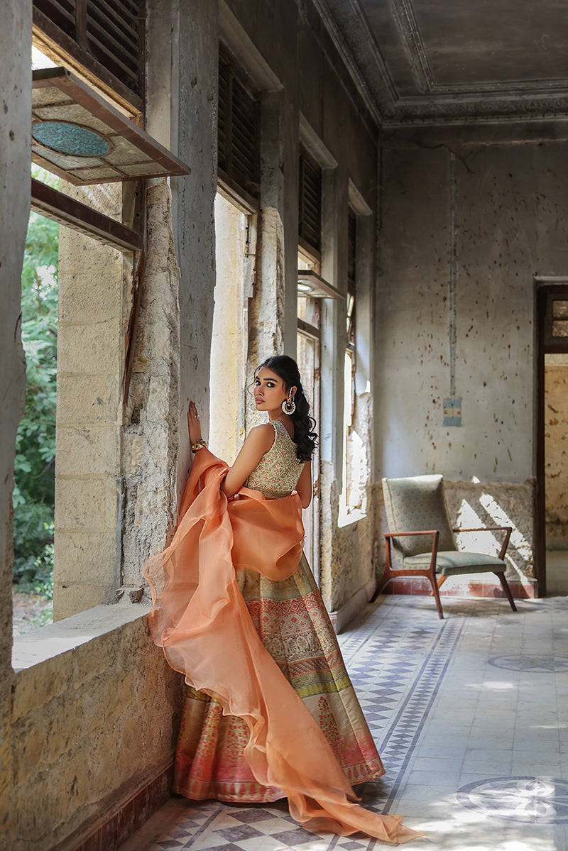 Gold Embroidered Blouse with Jamawar Lehenga (OA-7513)