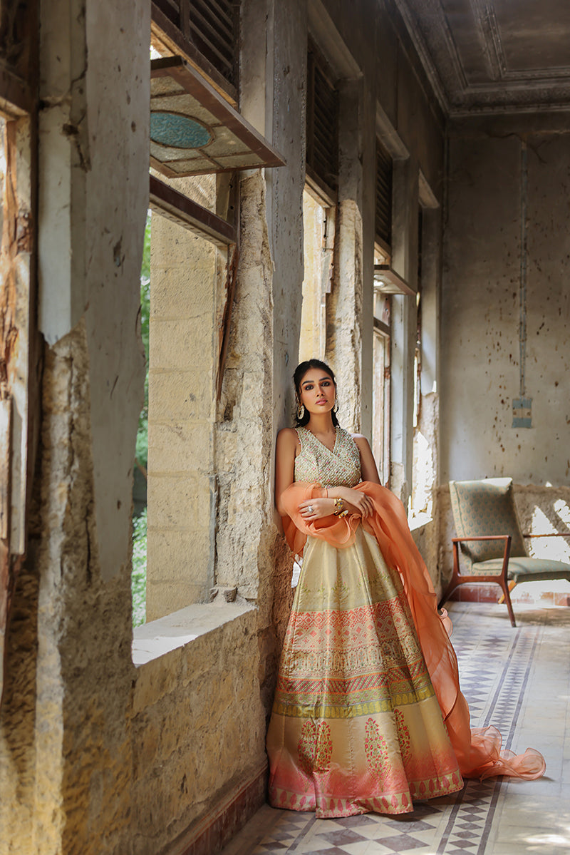 Gold Embroidered Blouse with Jamawar Lehenga (OA-7513)