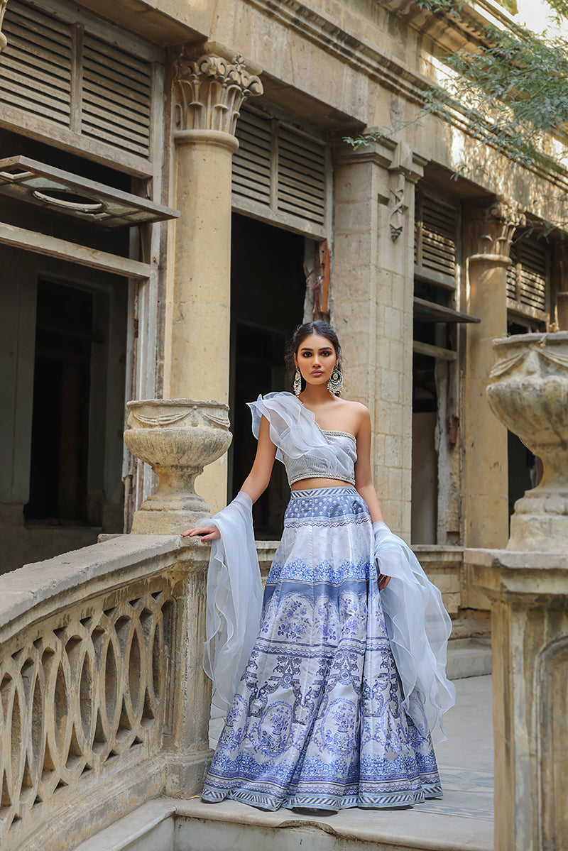 Blue & Silver Neckline Blouse with Lehenga (OA-7420)