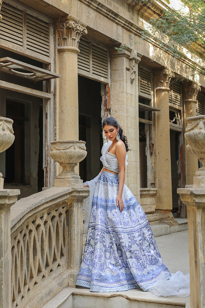 Blue & Silver Neckline Blouse with Lehenga (OA-7420)